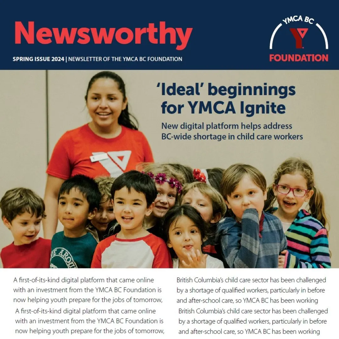The cover of the Spring 2024 issue of Newsworthy. A school-aged child care group with a Y staff member are pictured, with a headline about YMCA Ignite.