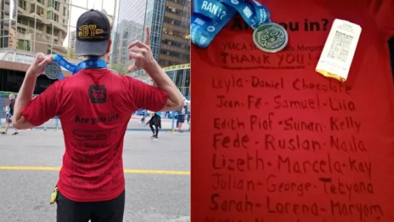 A man displays a BMO Vancouver Marathon medal and the back of his t-shirt; a zoomed-in view of the shirt shows several names.